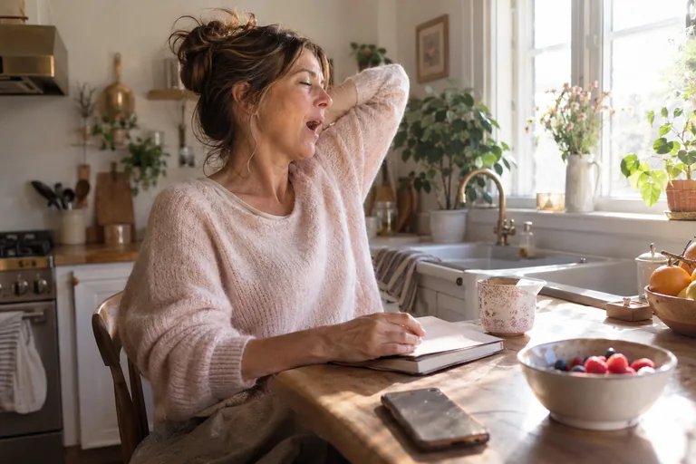 Une femme ferme son carnet et s’étire près de la fenêtre le matin
