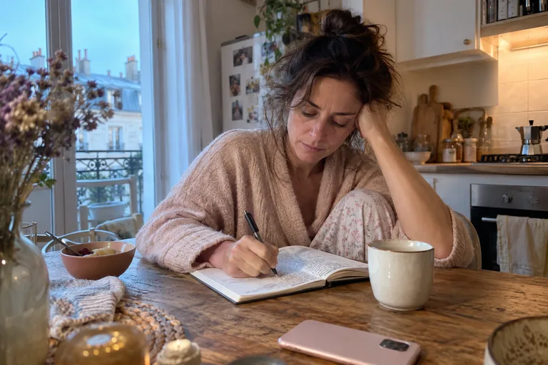 Une femme écrit dans un carnet dès le réveil, à la table de la cuisine, cheveux encore décoiffés
