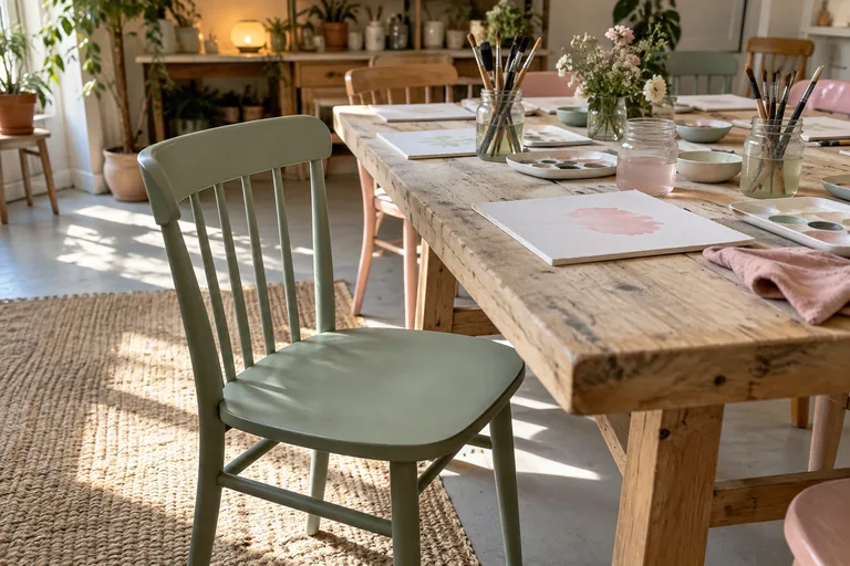 Chaise verte vide au premier plan près d’une table garnie de matériel de peinture.
