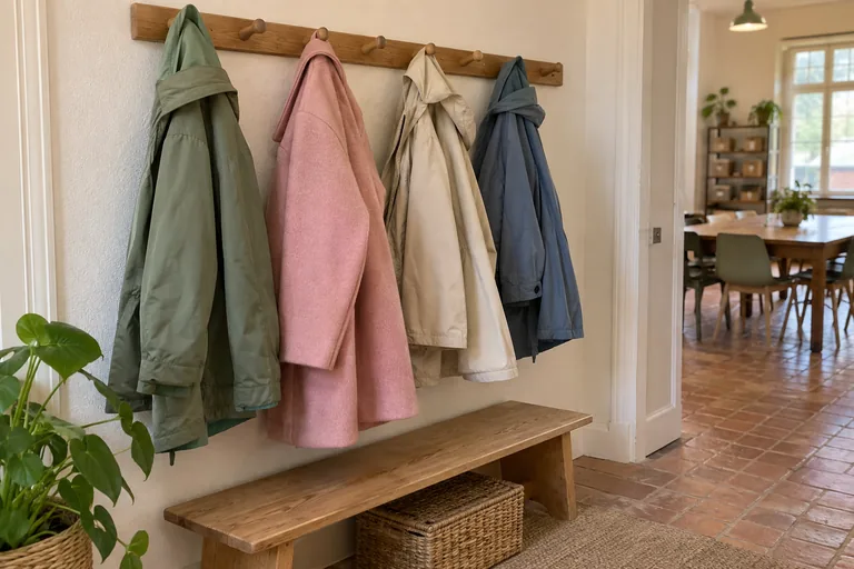 Quatre manteaux, vert, rose, beige et bleu, suspendus à des patères dans une entrée.