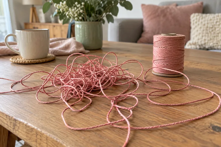 Fil rose emmêlé à côté d’une bobine.