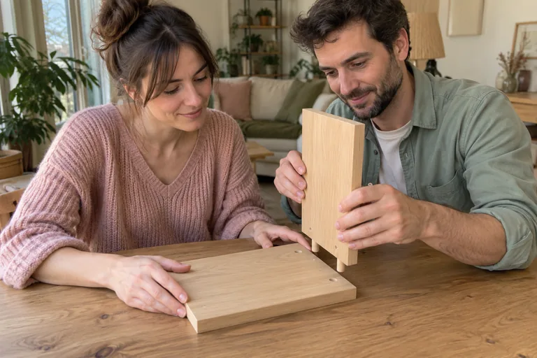 Deux adultes présentant une planche à tourillons au-dessus d’une base percée.