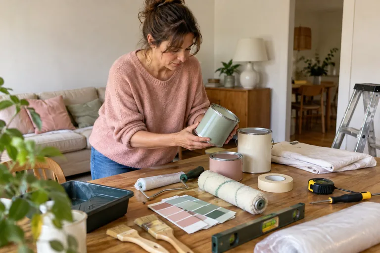 Femme examinant un pot de peinture devant des outils.