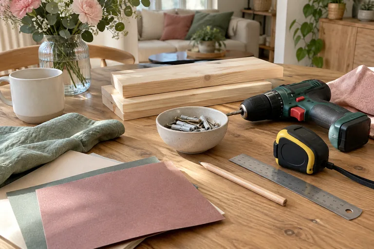 Planches, vis et perceuse réunies sur une table.