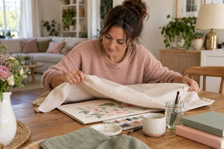 Femme recouvrant une peinture florale avec un tissu.