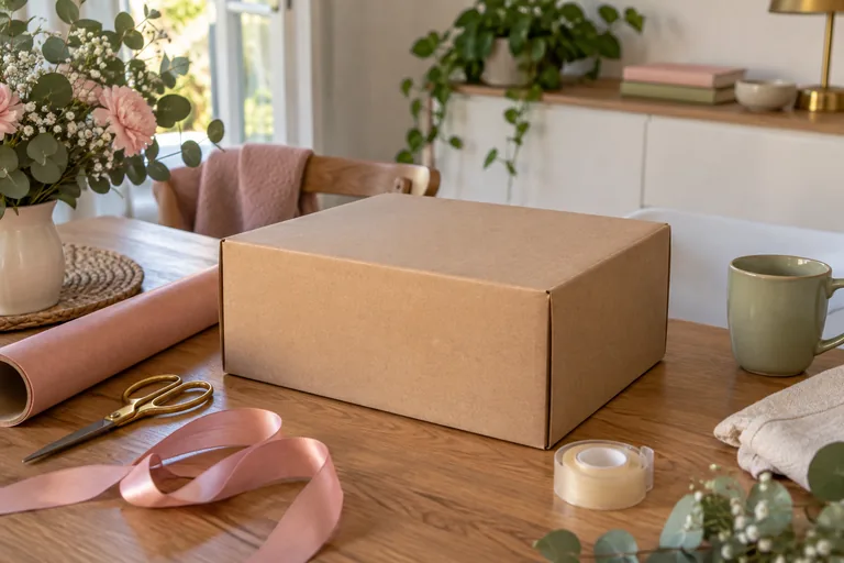 Boîte en carton fermée sans étiquette sur une table.