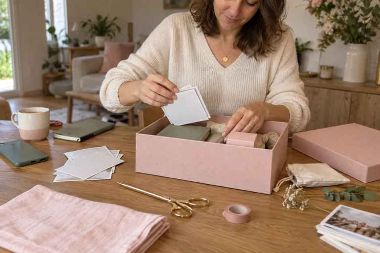 Femme rangeant cartes et fournitures dans une boîte rose.