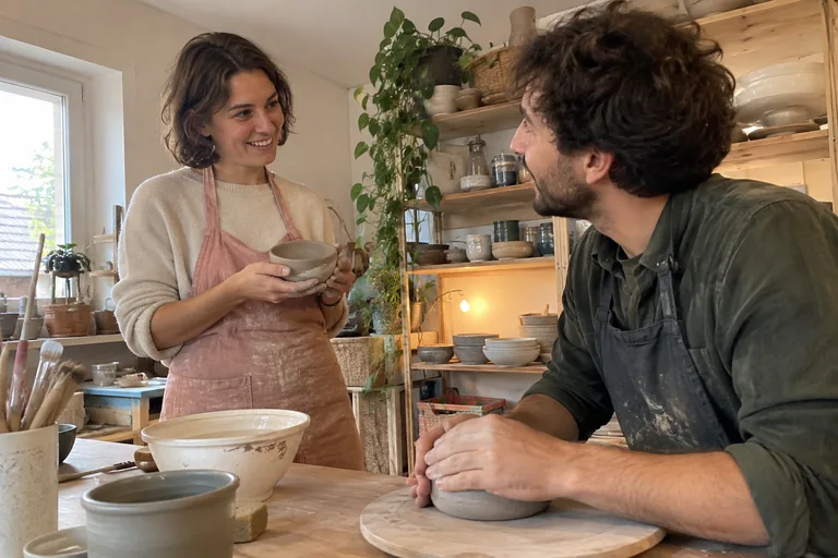 Une femme tenant un bol échange avec un homme qui travaille l’argile.