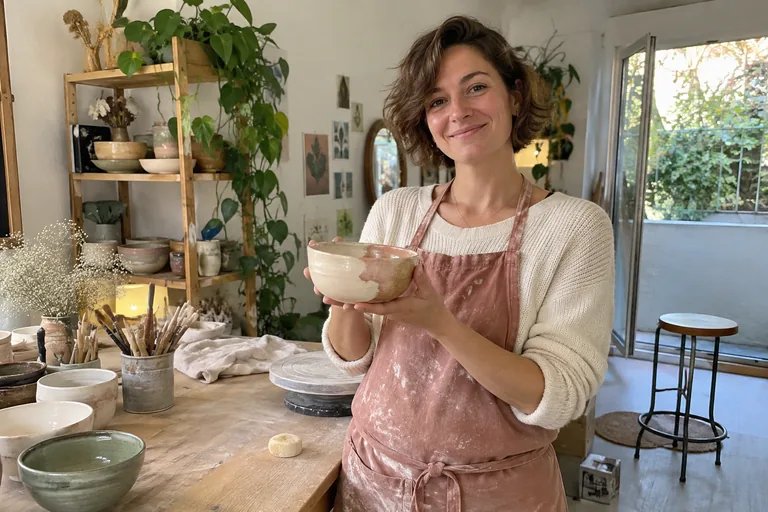 Femme en tablier tenant un bol en céramique dans son atelier.