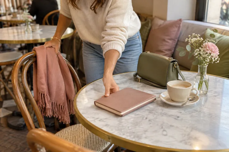 Femme déposant un carnet sur une table de café.