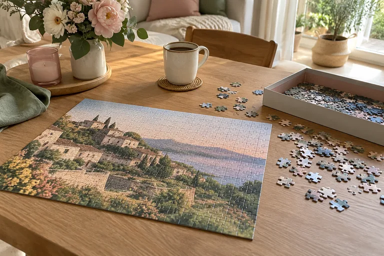 Puzzle de paysage assemblé près d’une boîte de pièces.