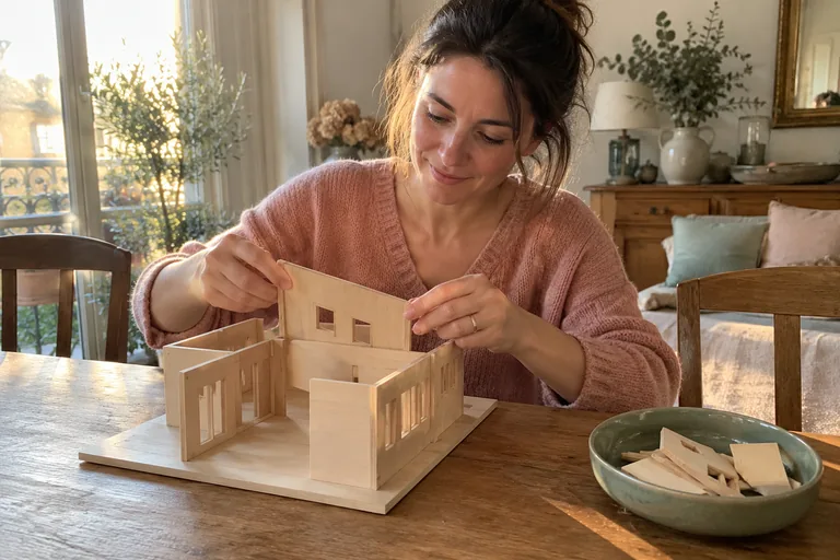 Femme plaçant une paroi sur une maquette de maison en bois.