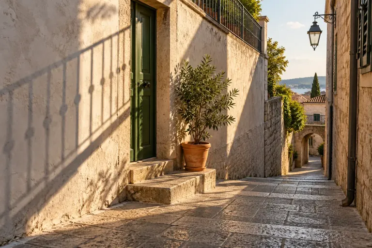 Chemin urbain paisible avec ombres et textures sur les murs