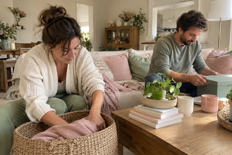 Deux adultes rangent un panier et une boîte dans un salon.