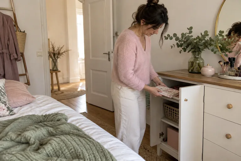 Femme rangeant un carnet fleuri dans un placard de sa chambre.