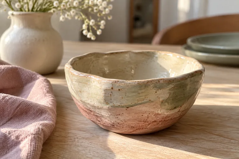 Bol artisanal aux bords ondulés et à la glaçure irrégulière sur une table.
