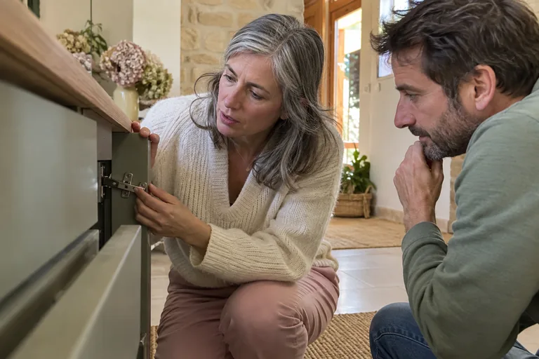 Deux adultes examinent la charnière d’une porte de meuble.