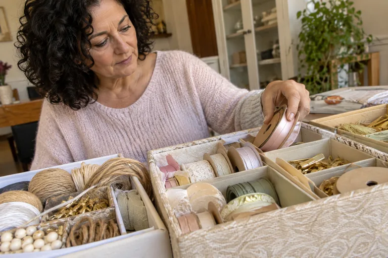 Femme rangeant des rubans dans des boîtes à compartiments.