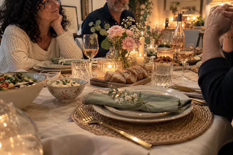 Plusieurs adultes autour d’une table garnie de plats, de verres et de fleurs.
