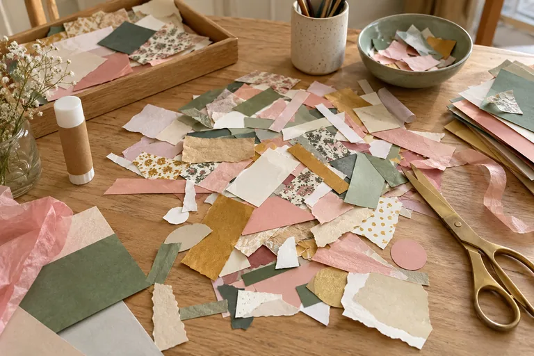 Des chutes de papier coloré sont étalées près de ciseaux et d’un tube de colle uni.