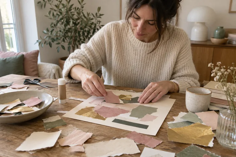 Une femme compose un collage avec des morceaux de papier rose, vert et doré.