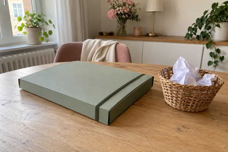 Une chemise verte fermée est posée près d’une corbeille contenant du papier froissé.