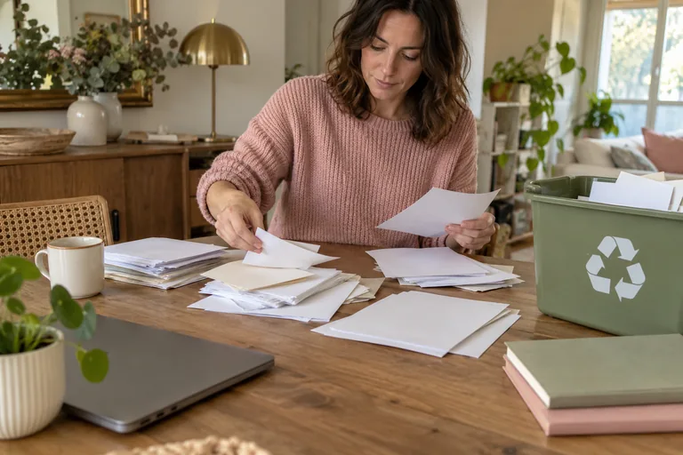 Une femme trie des feuilles retournées près d’un bac de recyclage et d’un ordinateur fermé.