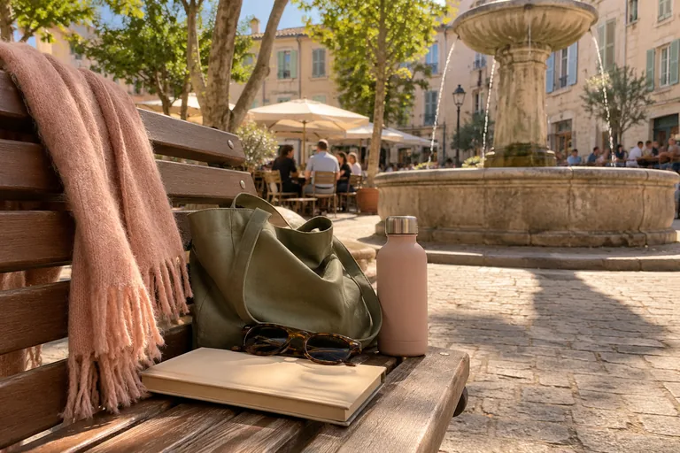 Un carnet, des lunettes, une gourde et un sac reposent sur un banc près d’une fontaine.