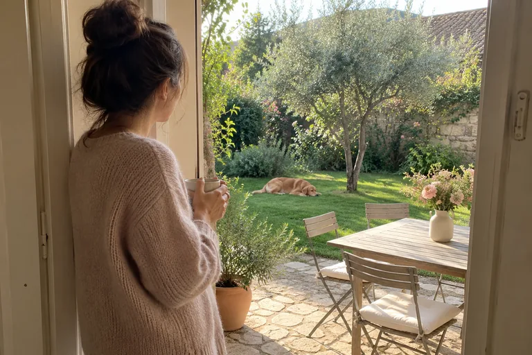 Une femme tenant une tasse regarde un jardin depuis une porte ouverte.