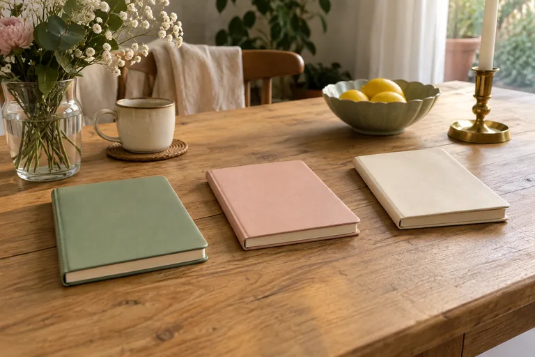 Trois carnets fermés, vert, rose et crème, sont séparés sur une table.