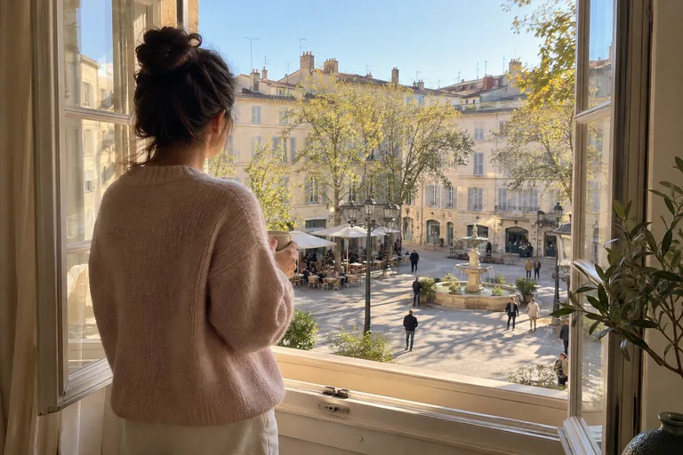 Une femme vue de dos regarde une place avec une fontaine depuis une fenêtre.