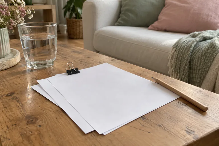 Un verre d’eau et des feuilles réunies par une pince sont posés près d’un crayon.