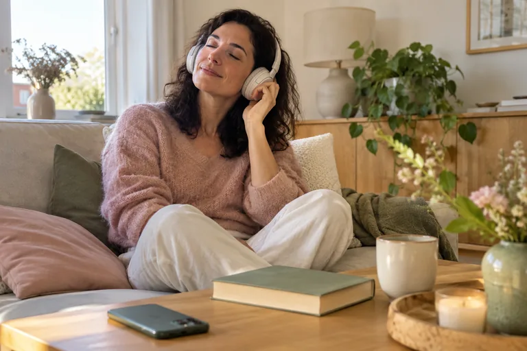 Une femme assise sur un canapé porte un casque audio près d’un téléphone posé face cachée.