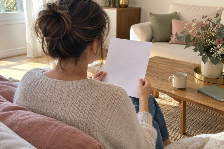 Une femme vue de dos tient une feuille claire devant elle dans un salon.