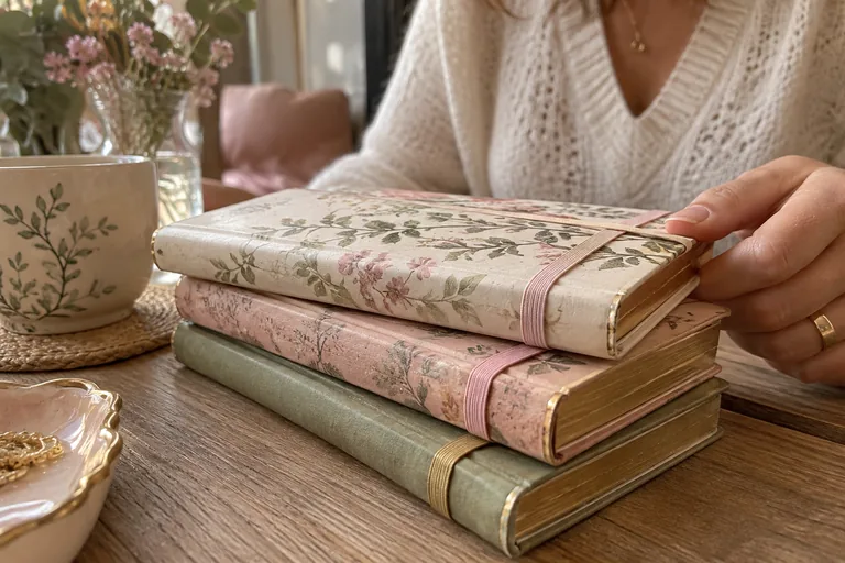 Main près de trois carnets fermés empilés, avec des élastiques roses et dorés.