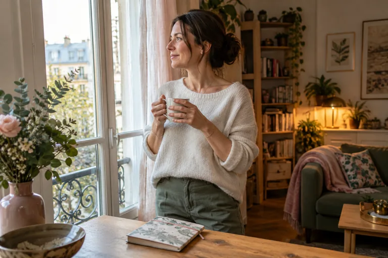 Femme tenant une tasse près d’une fenêtre, un carnet fermé posé devant elle.