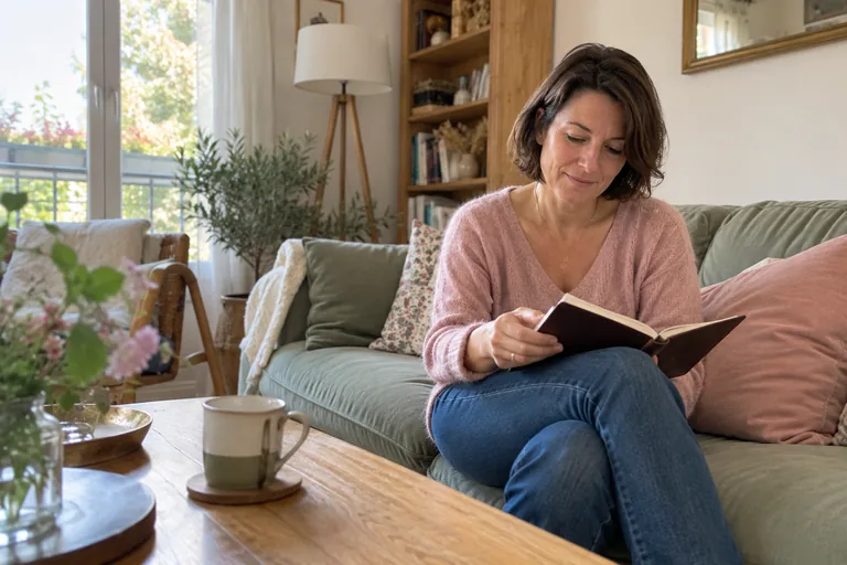 Femme assise sur un canapé vert regardant un carnet ouvert tourné vers elle.