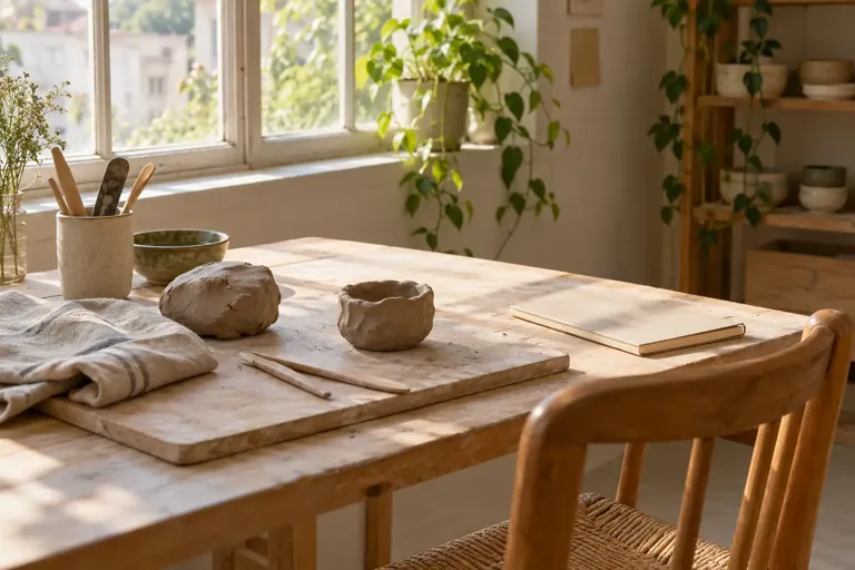 Table d’atelier avec argile et carnet dans une pièce claire