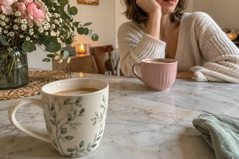 Deux mugs espacés sur une table devant une femme.