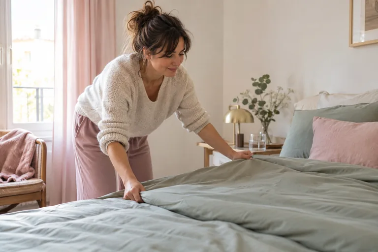 Femme remettant une couette en place sur un lit.