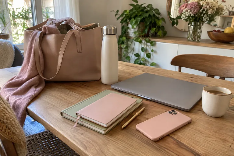 Ordinateur fermé, carnets et téléphone face cachée prêts sur une table.