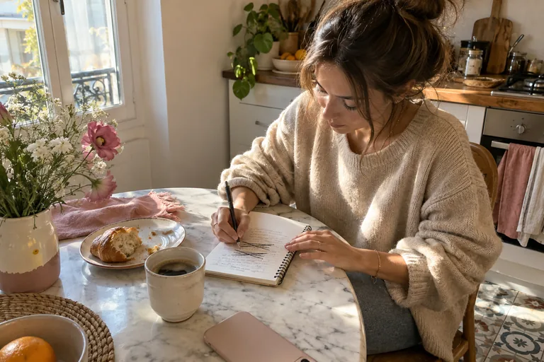 Une femme réécrit une phrase dans un carnet à la table de sa cuisine, une tasse de café à côté