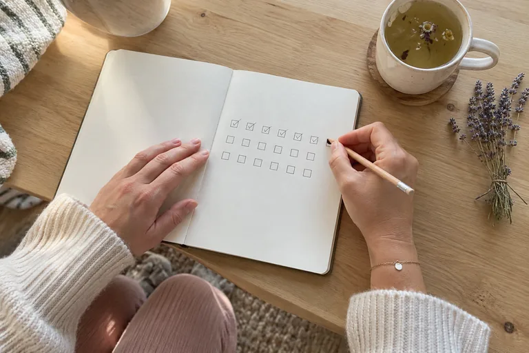 Les mains d’une femme cochent de petites cases dessinées dans un carnet, à côté d’une tisane et d’un brin de lavande