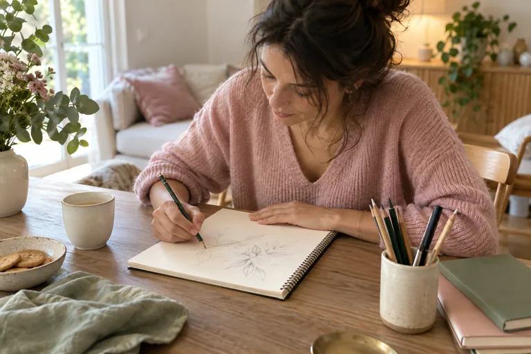 Une femme dessine des branches au crayon dans un carnet.