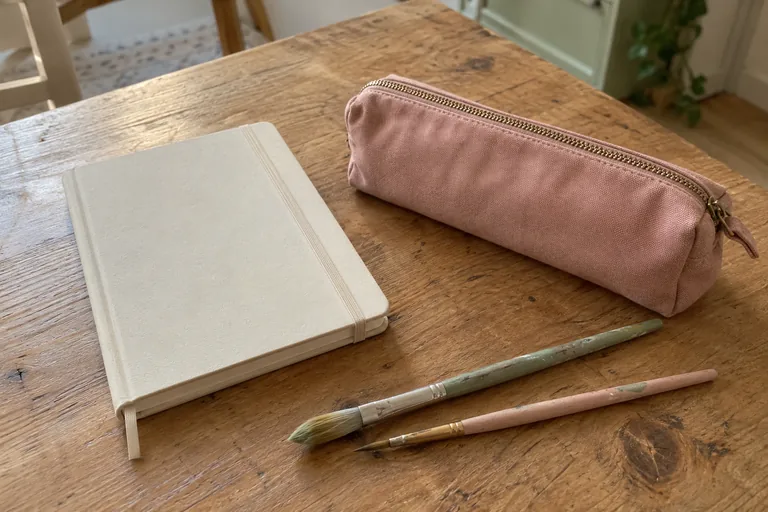 Un carnet fermé et une trousse rose sont posés près de deux pinceaux couchés.