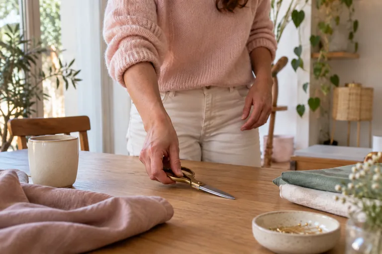 Une femme pose des ciseaux sur une table près de tissus pliés.