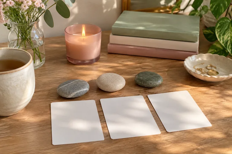 Trois galets et trois cartes blanches sont alignés sur une table.