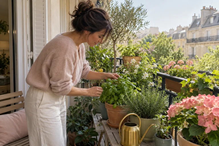 Une femme examine les feuilles de plantes sur un balcon fleuri.