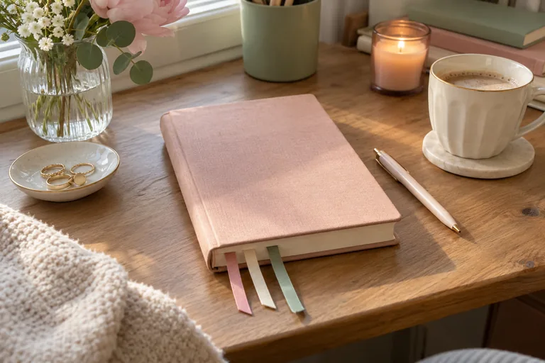 Un carnet rose fermé porte trois rubans marque-pages près d’une tasse.