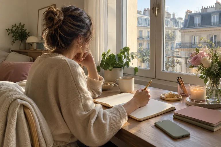 Une femme tient un stylo au-dessus d’un carnet vierge près d’une fenêtre.